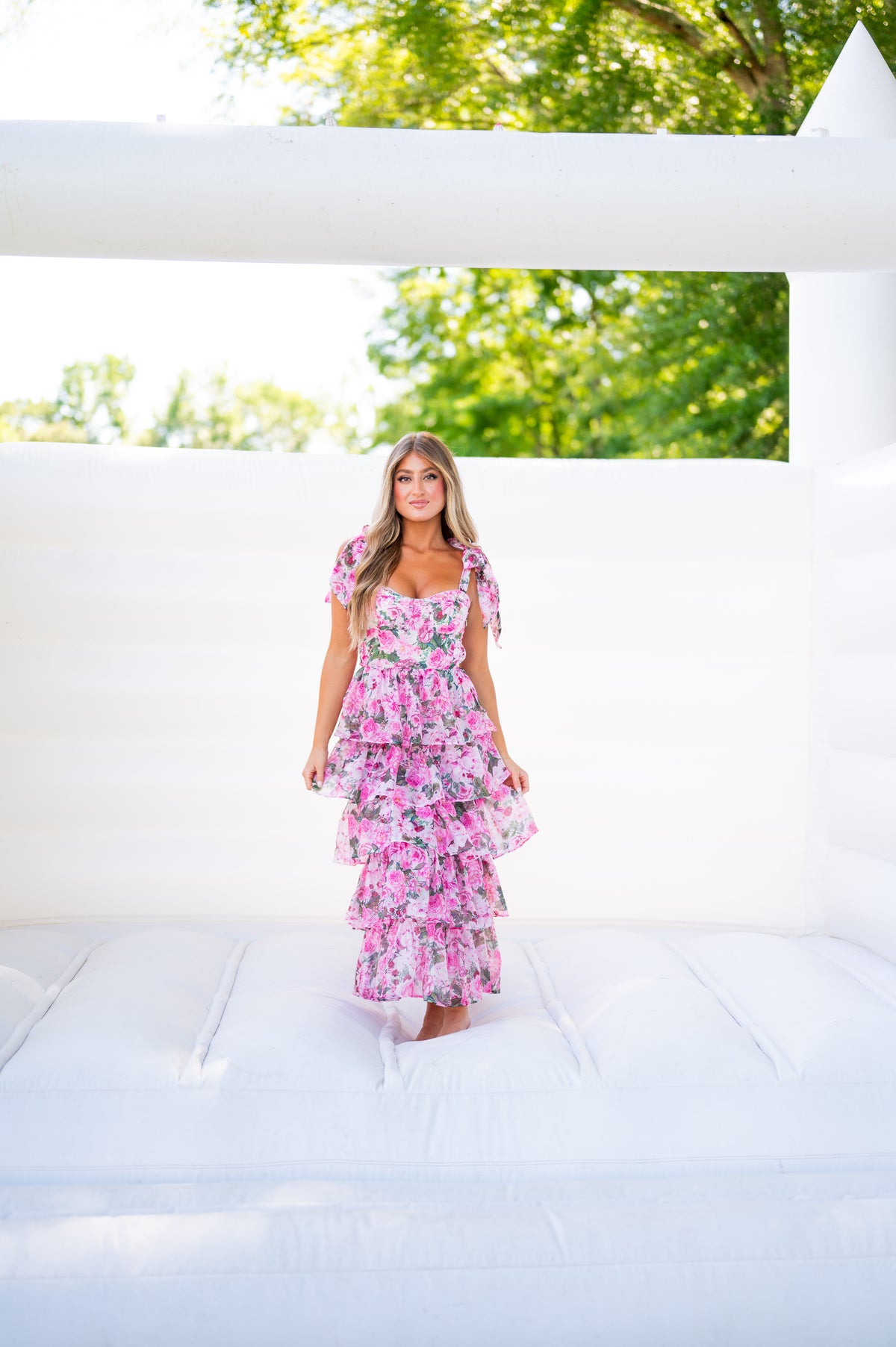 Macy Floral Ruffle Midi Dress-Pink