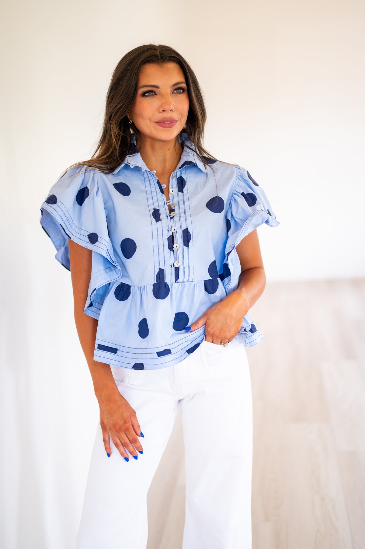 Shannon Polka Dot Ruffle Top-Blue | Inside Out Boutique