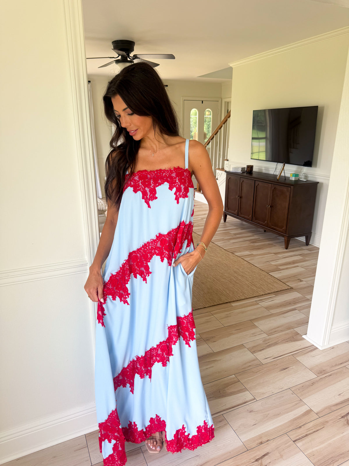 Contrast Lace Maxi Dress-Blue