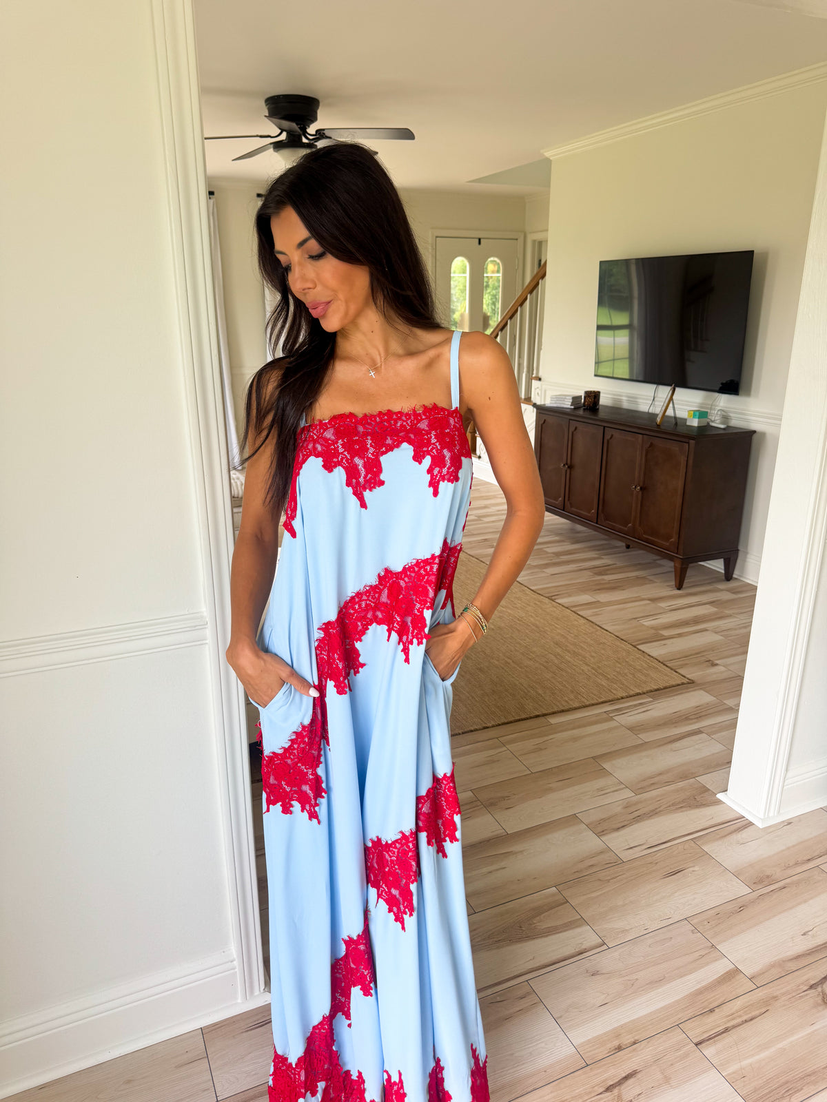 Contrast Lace Maxi Dress-Blue