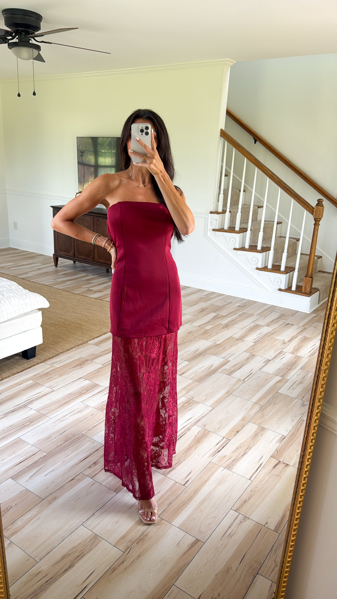burgundy lace strapless dress Brooke Dress-Burgundy A Line Chiffon Boat filter-backfilled Lace scarf detail Size:Custom- An Agent will contact you for custom measurements and other details. burgundy corset mini dress