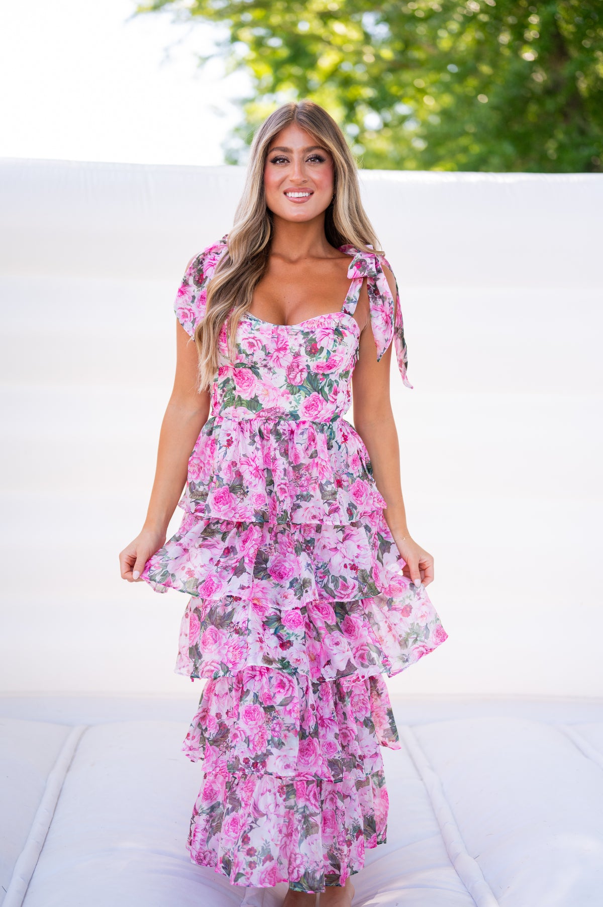 Macy Floral Ruffle Midi Dress Pink