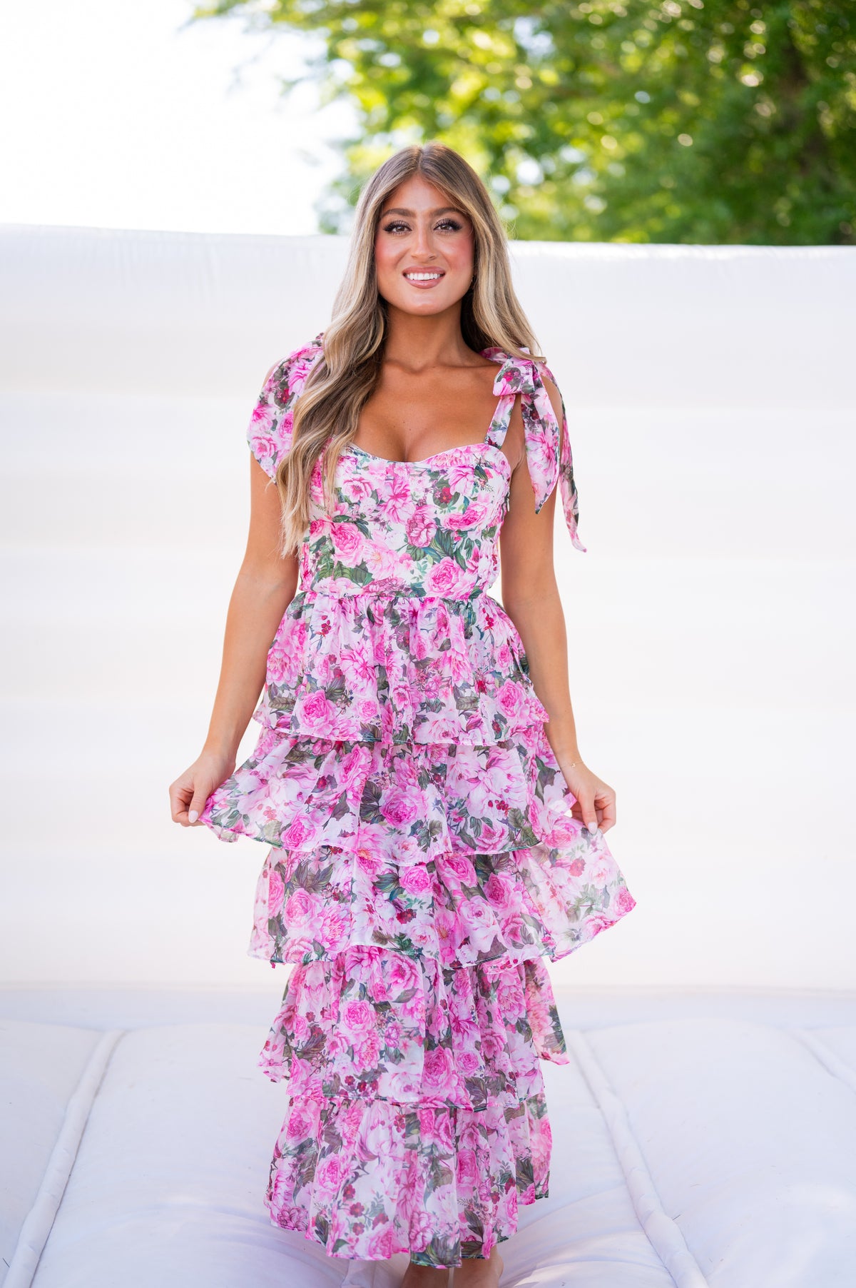 Macy Floral Ruffle Midi Dress-Pink Macy Floral Ruffle Midi Dress-Pink