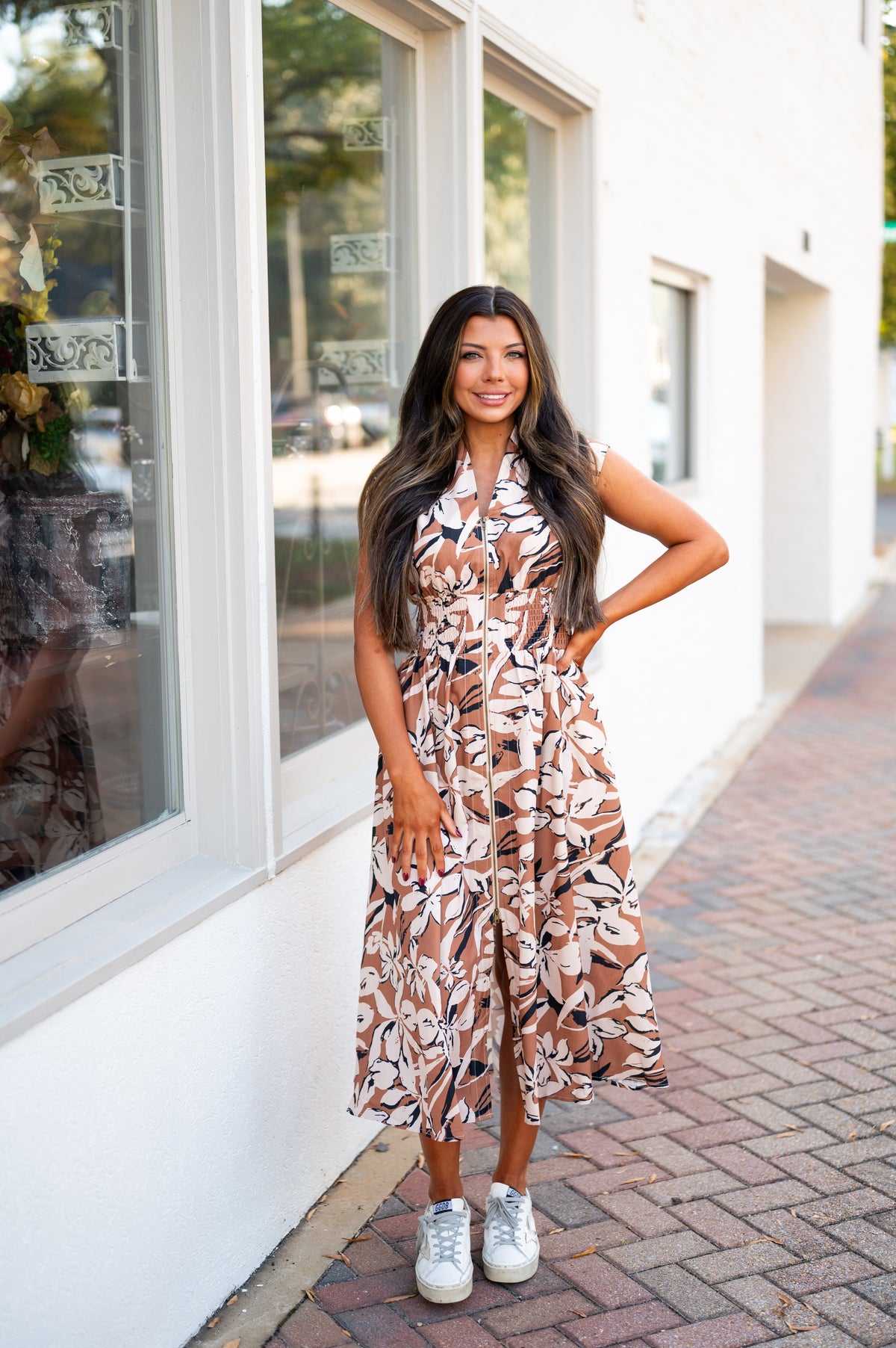 Steph Floral Zipper Midi Dress-Taupe | Inside Out Boutique