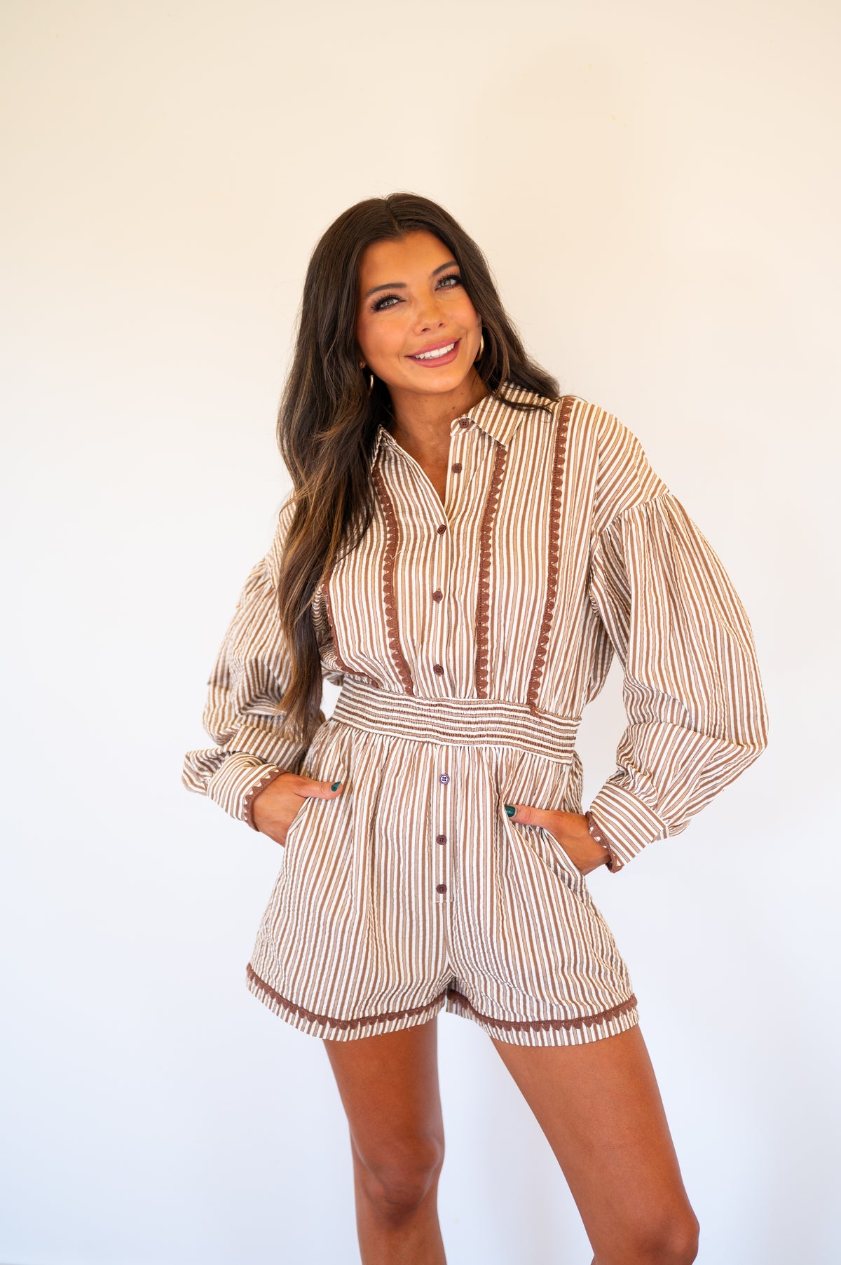 Kenna Button Down Stripe Romper- Mocha | Inside Out Boutique