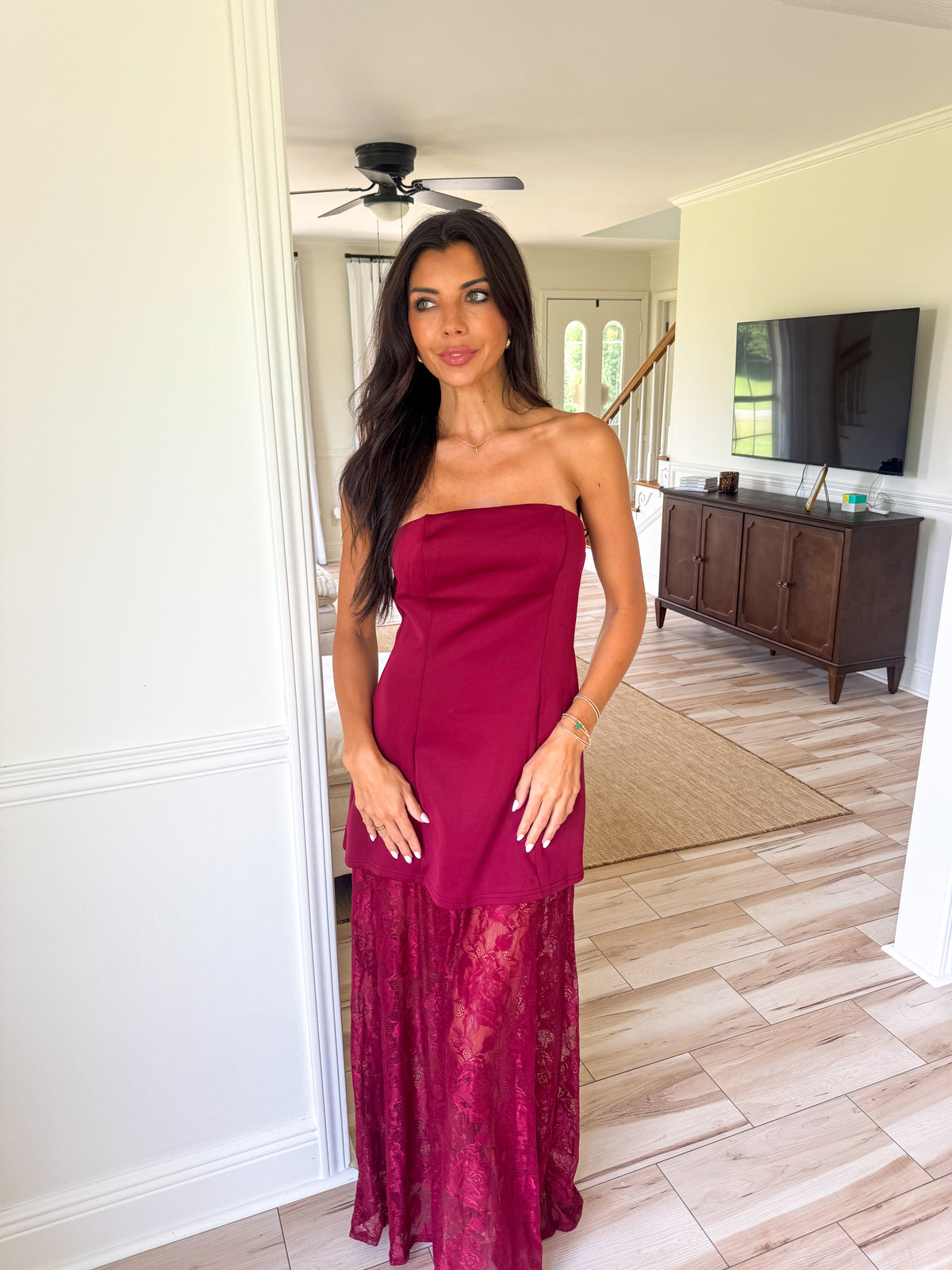 burgundy lace strapless dress Brooke Dress-Burgundy Rosies closet