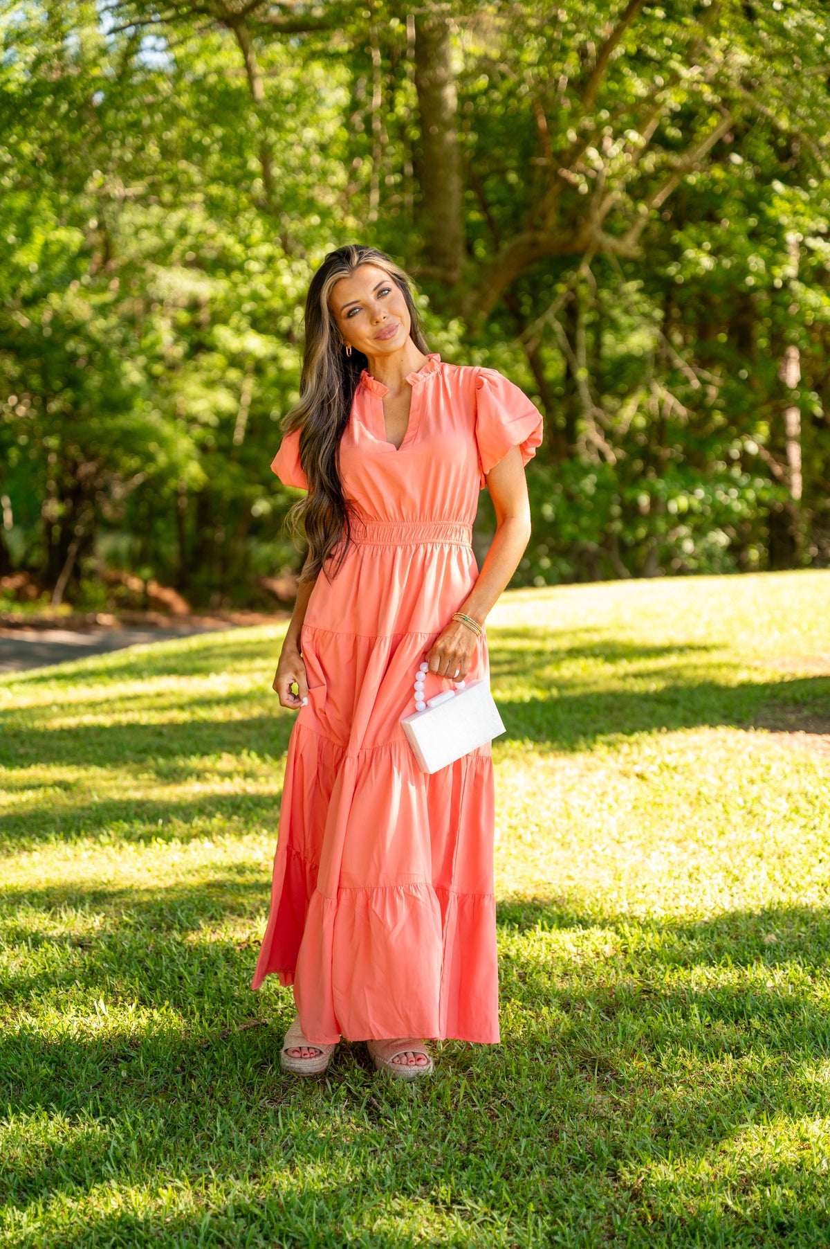 coral dress long sleeve Puff Tiered Maxi Dress-Coral Perfect for brunches pcat-424 Name/Description:Shelby Remaining- Floral + Chiffon Bridal Gown Casual Beach