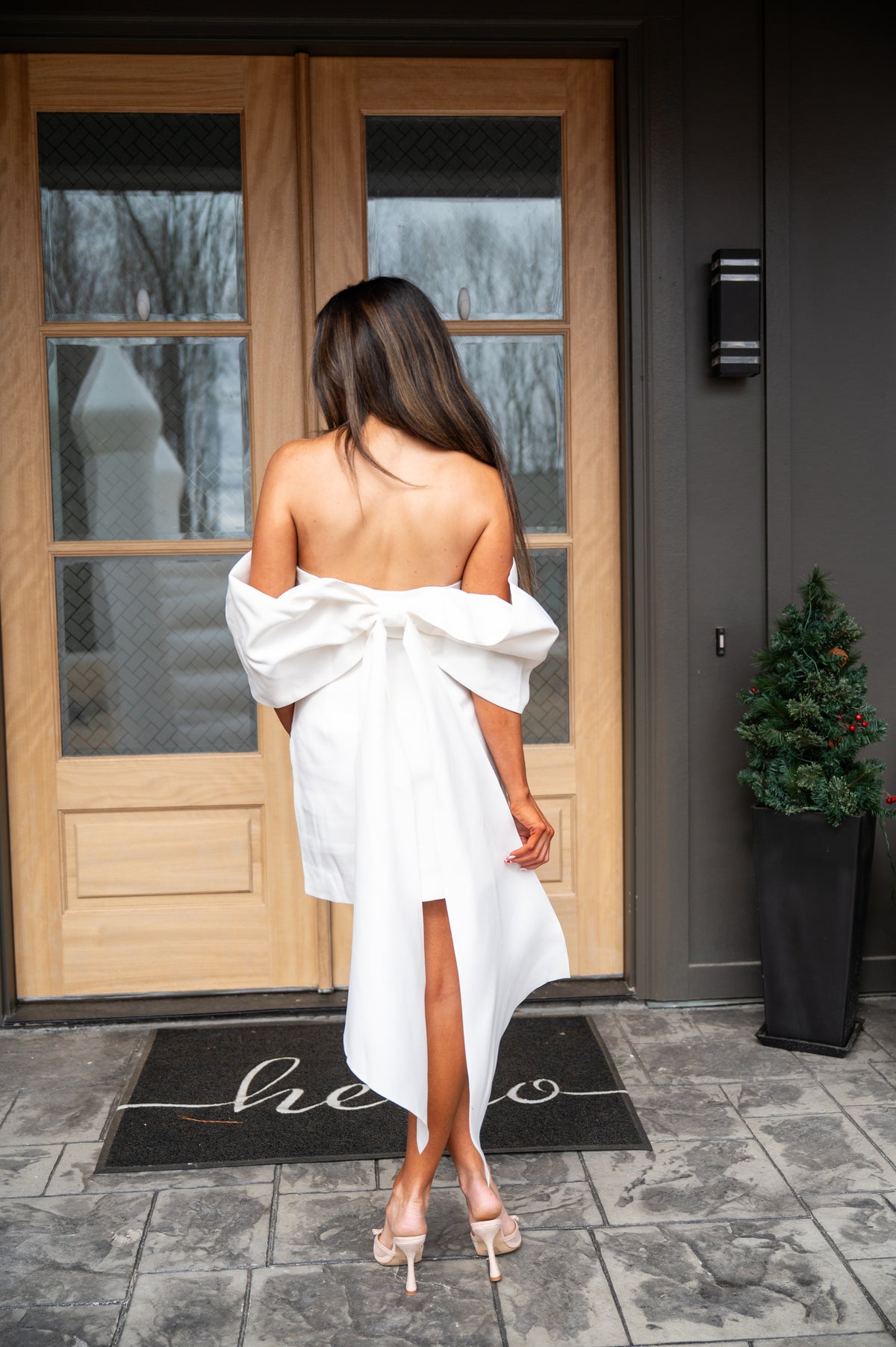 off shoulder dress with bow Claire Off Shoulder Bow Dress-White