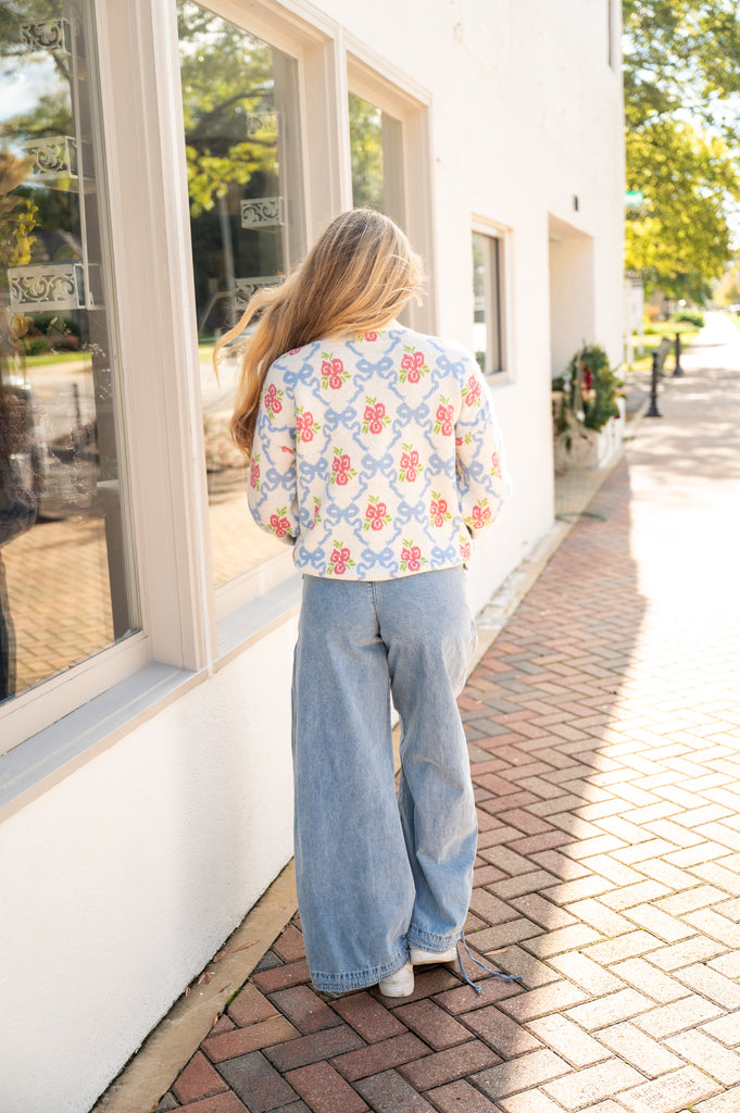 Bow Floral Oversized Sweater-Cream