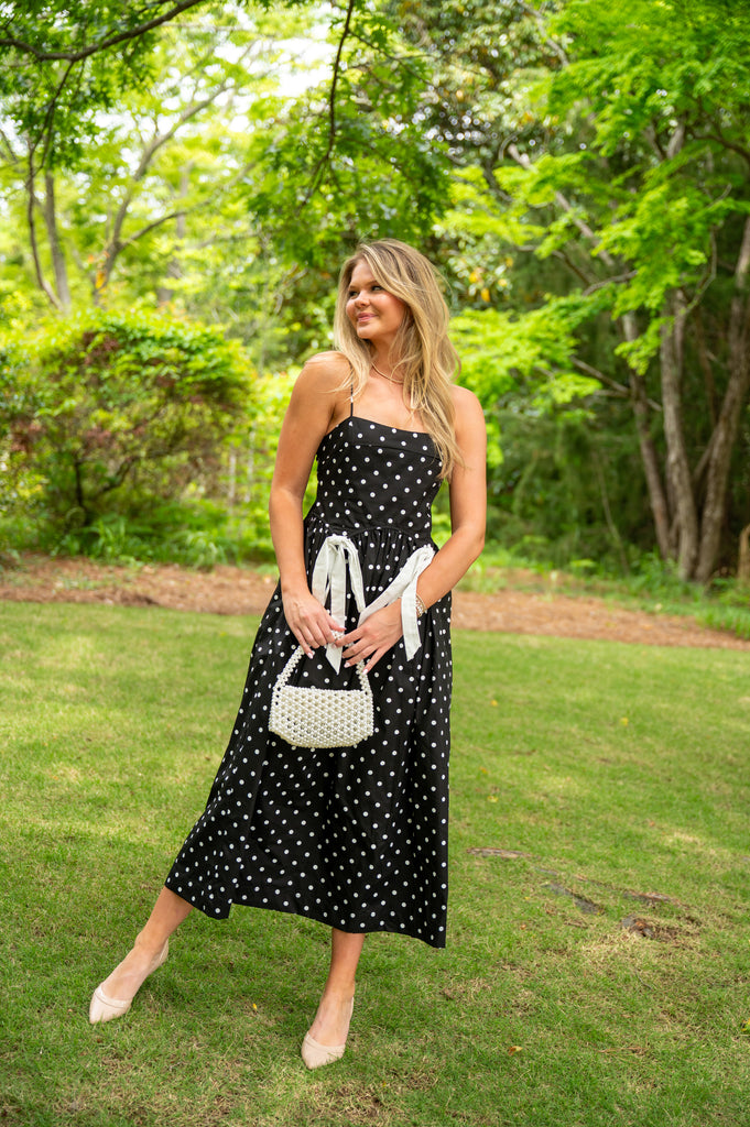 Polka Dot Bow Midi Dress-Black