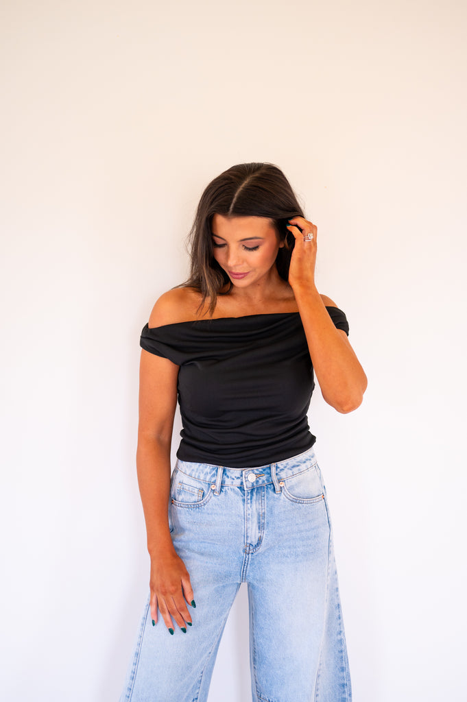 Ruched Off Shoulder Top-Black