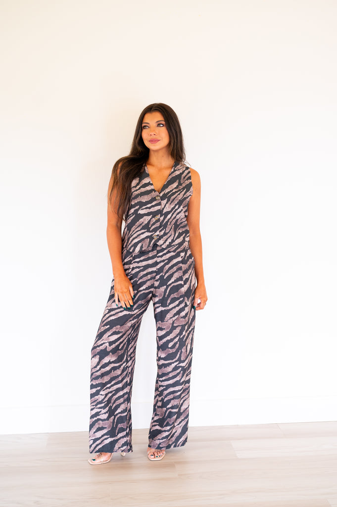 Animal Print Vest and Pants Set-Charcoal