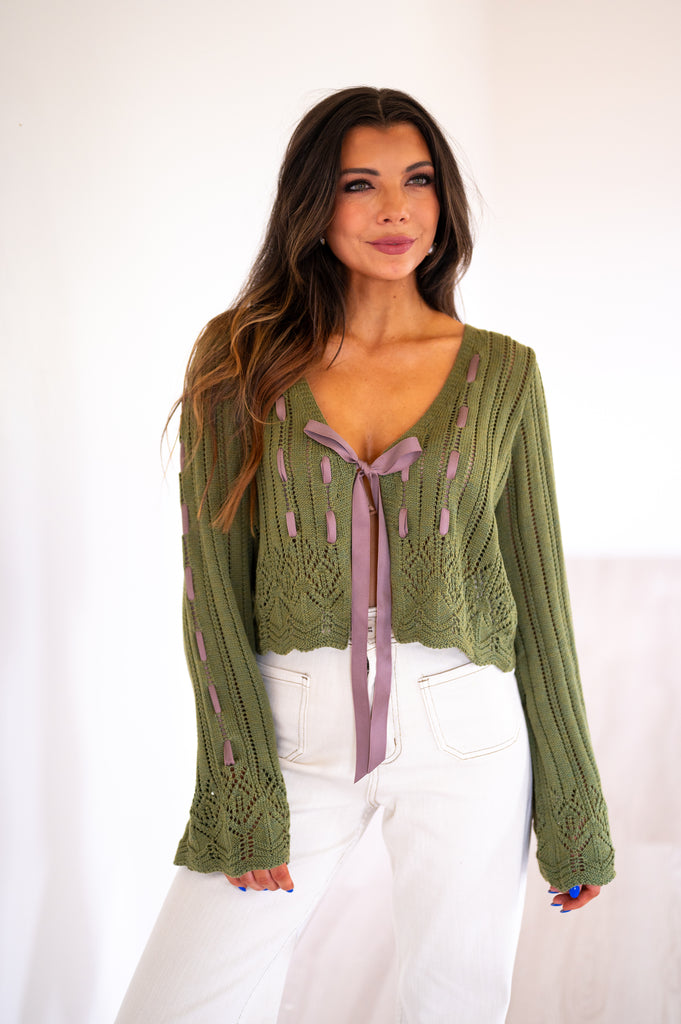 Olivia Laced Ribbon Cardigan-Olive Green