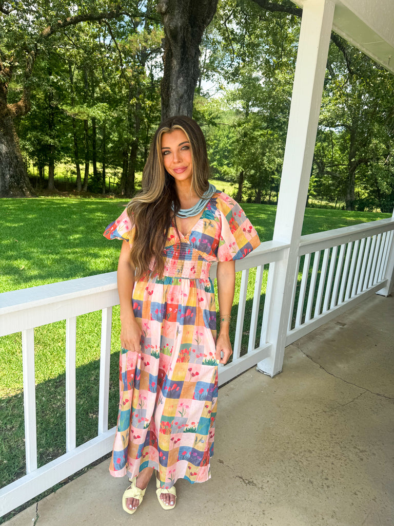 Puff Sleeve Floral Checkered Midi Dress