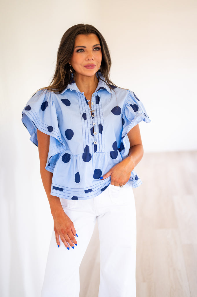 Shannon Polka Dot Ruffle Top-Blue