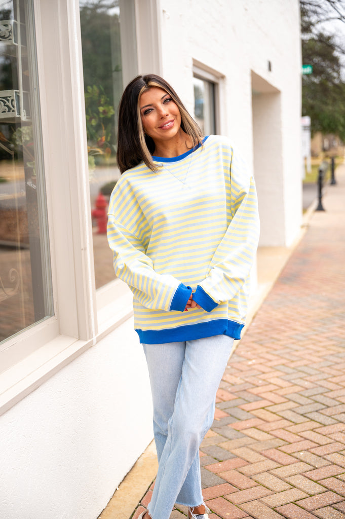 Gabby Stripe Oversized Top-Blue/Yellow