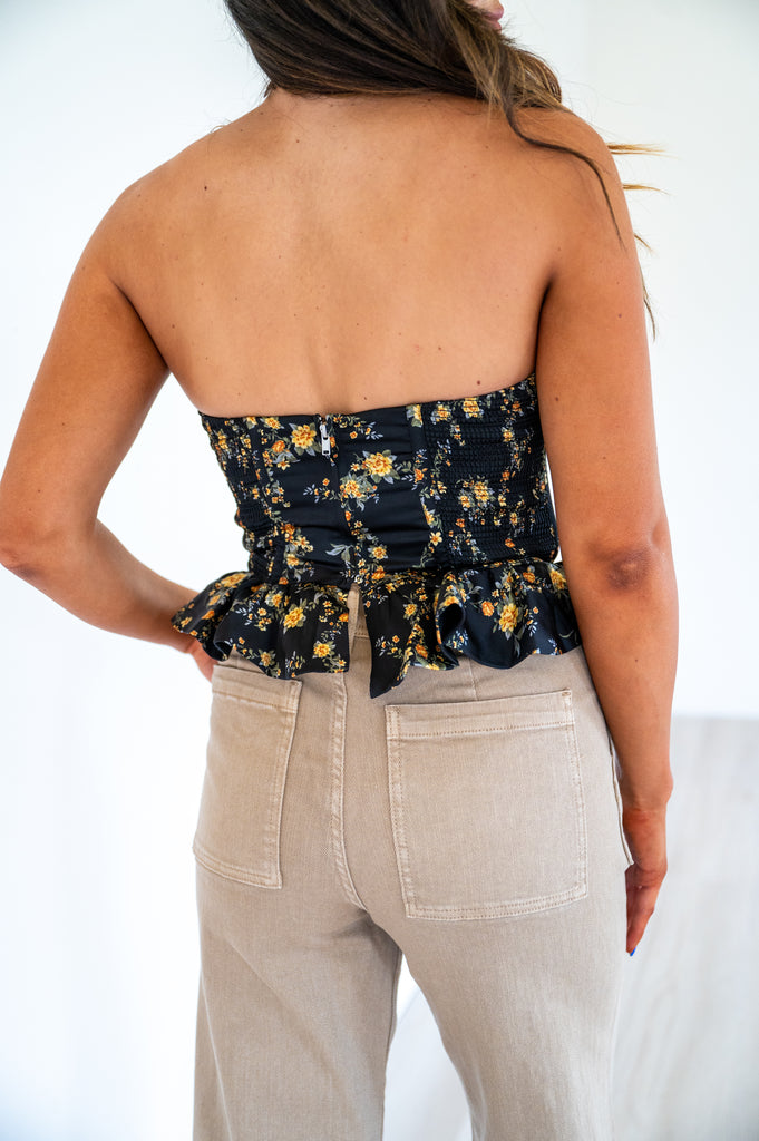 Lacey Strapless Floral Top-Black