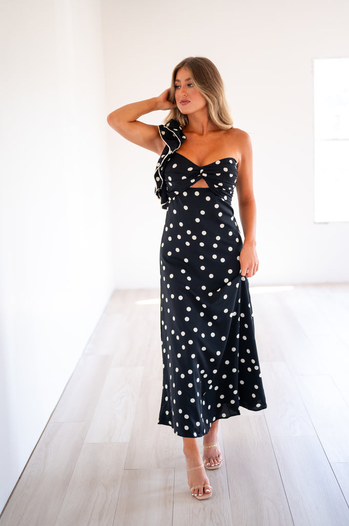 Kate Polka Dot One Shoulder Dress-Black