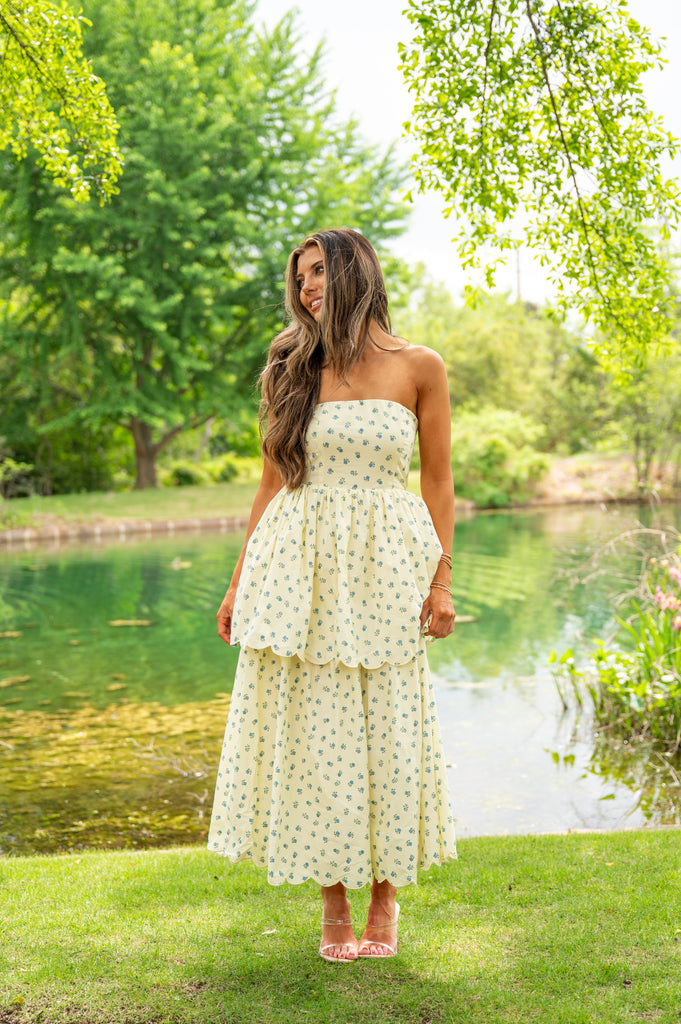 Sandy Strapless Tiered Floral Midi Dress-Yellow