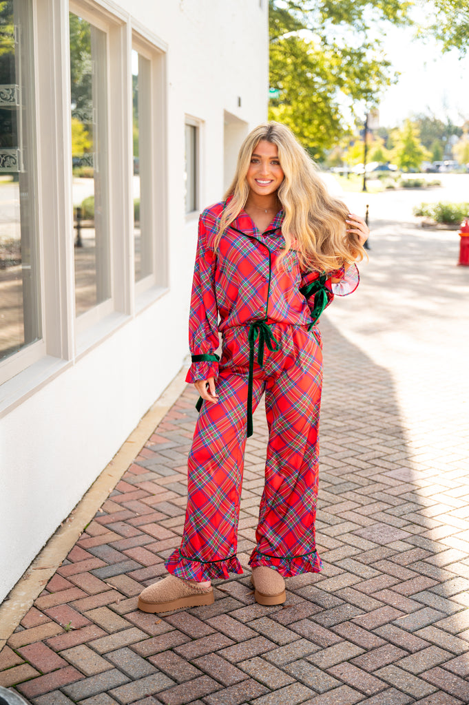 Darcy Plaid Satin Pajama Set-Red