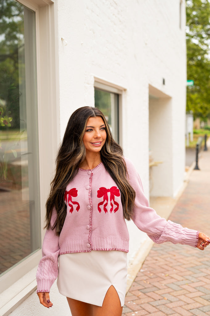 Lizzie Bow Cardigan-Mauve Pink