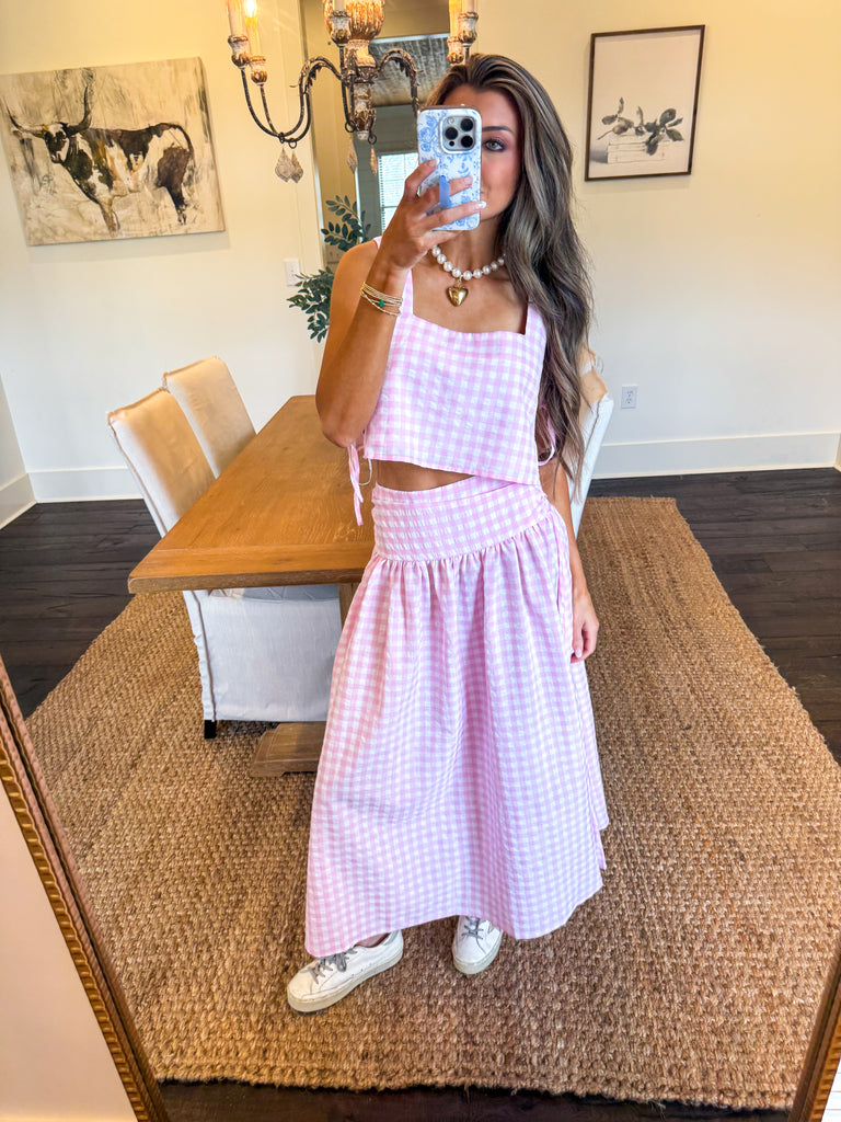 Cammy Gingham Maxi Skirt Set- Pink