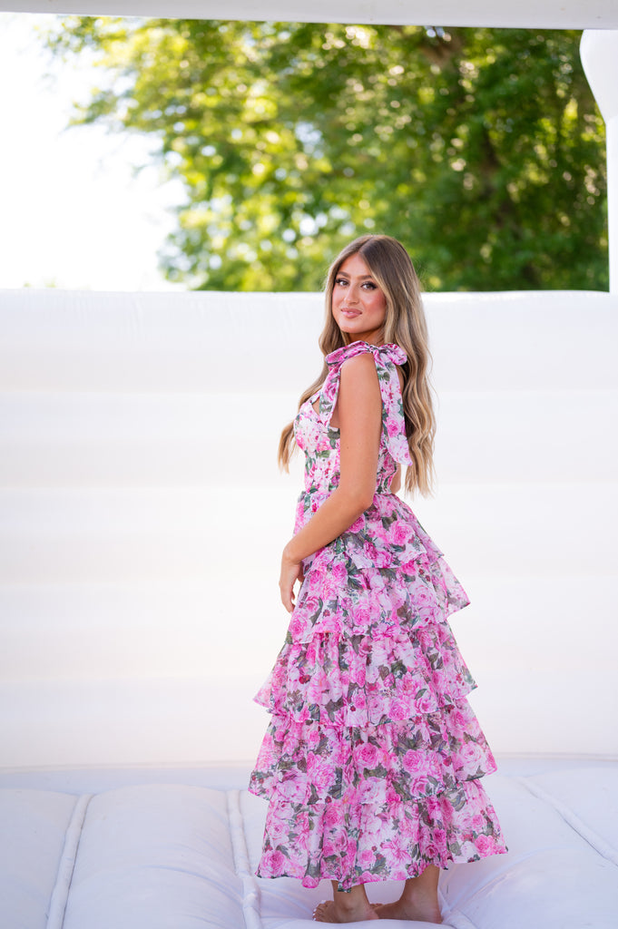 Macy Floral Ruffle Midi Dress-Pink Macy Floral Ruffle Midi Dress-Pink
