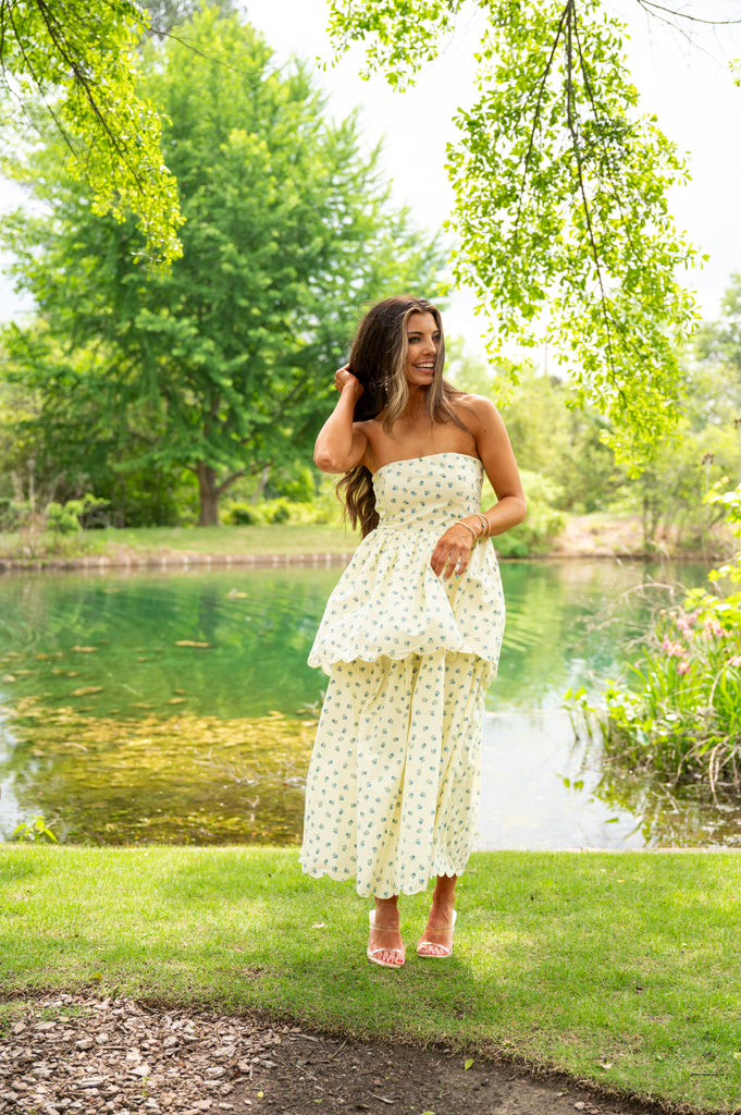 Sandy Strapless Tiered Floral Midi Dress-Yellow