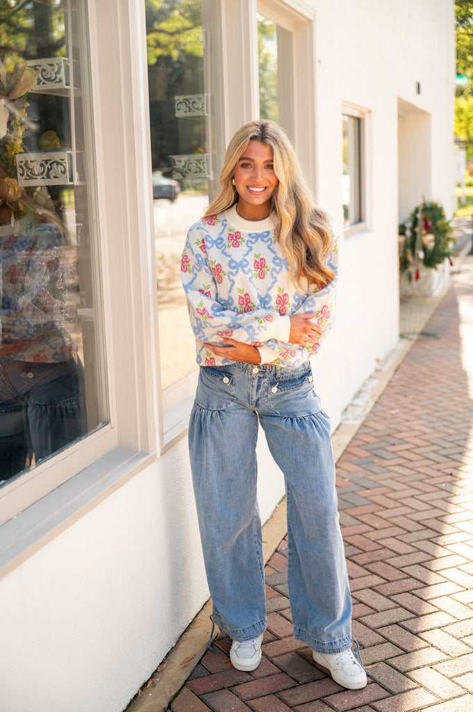 Bow Floral Oversized Sweater-Cream