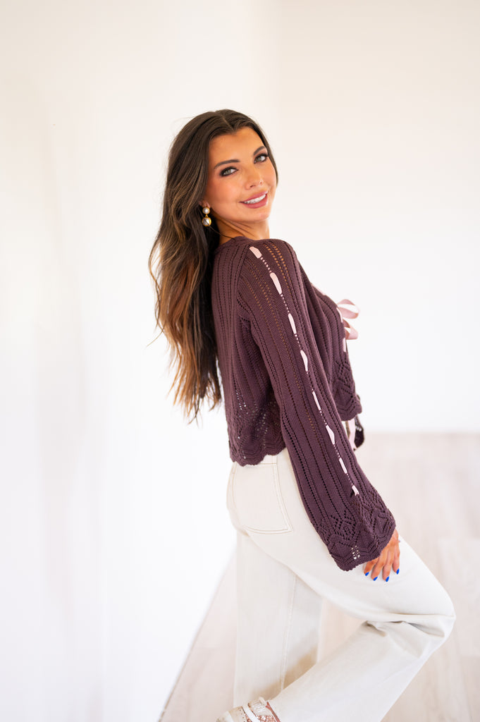 Olivia Laced Ribbon Cardigan-Chocolate