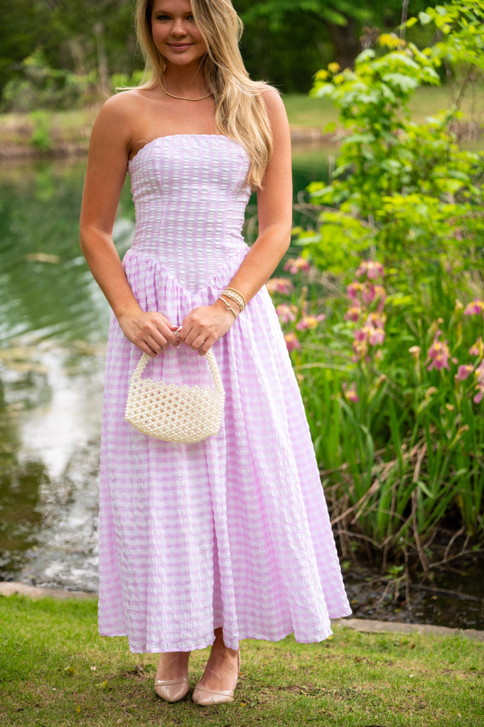 Gingham Strapless Maxi Dress-Pink