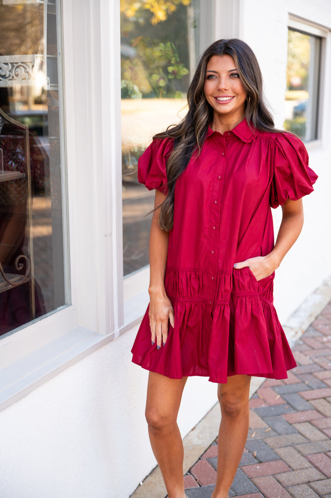 Natalie Puff Sleeve Dress-Crimson