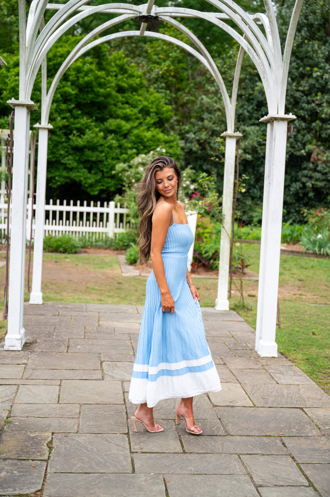 Audrey Pleated Knit Maxi Dress-Blue