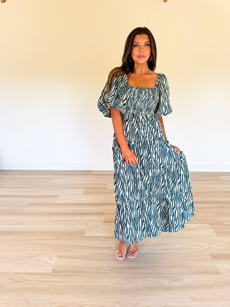 Candi Animal Print Midi Dress-Teal