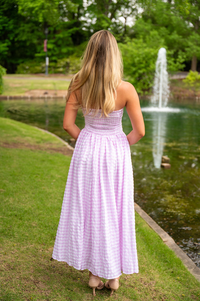 Gingham Strapless Maxi Dress-Pink