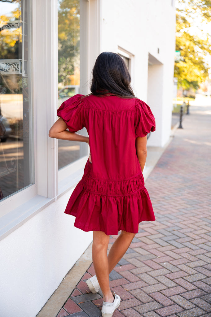 Natalie Puff Sleeve Dress-Crimson