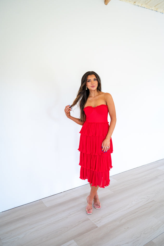 Caselyn Strapless Tiered Midi Dress-Red