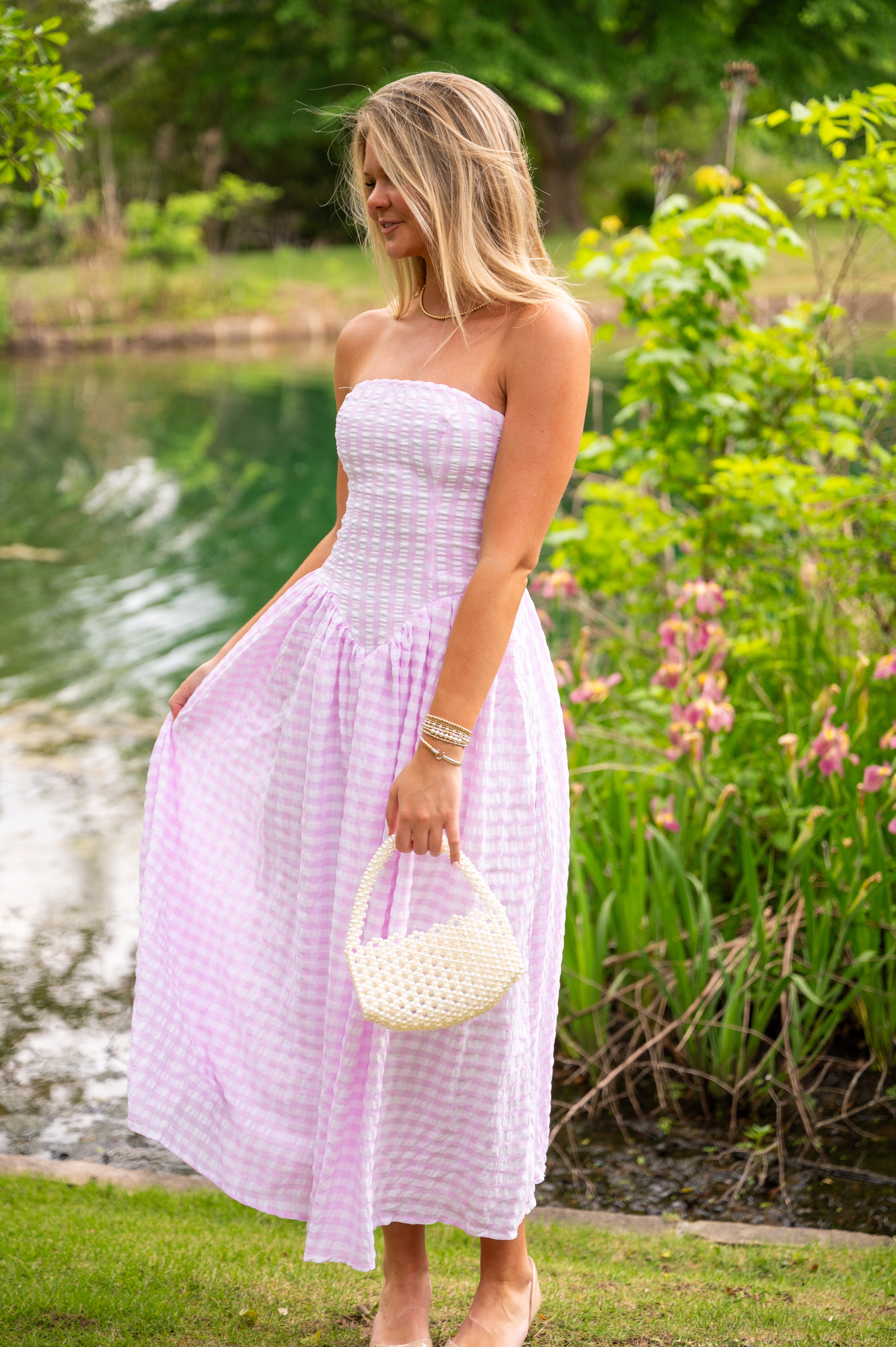 strapless gingham midi dress Gingham Strapless Maxi Dress-Pink