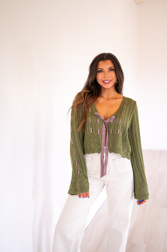 Olivia Laced Ribbon Cardigan-Olive Green