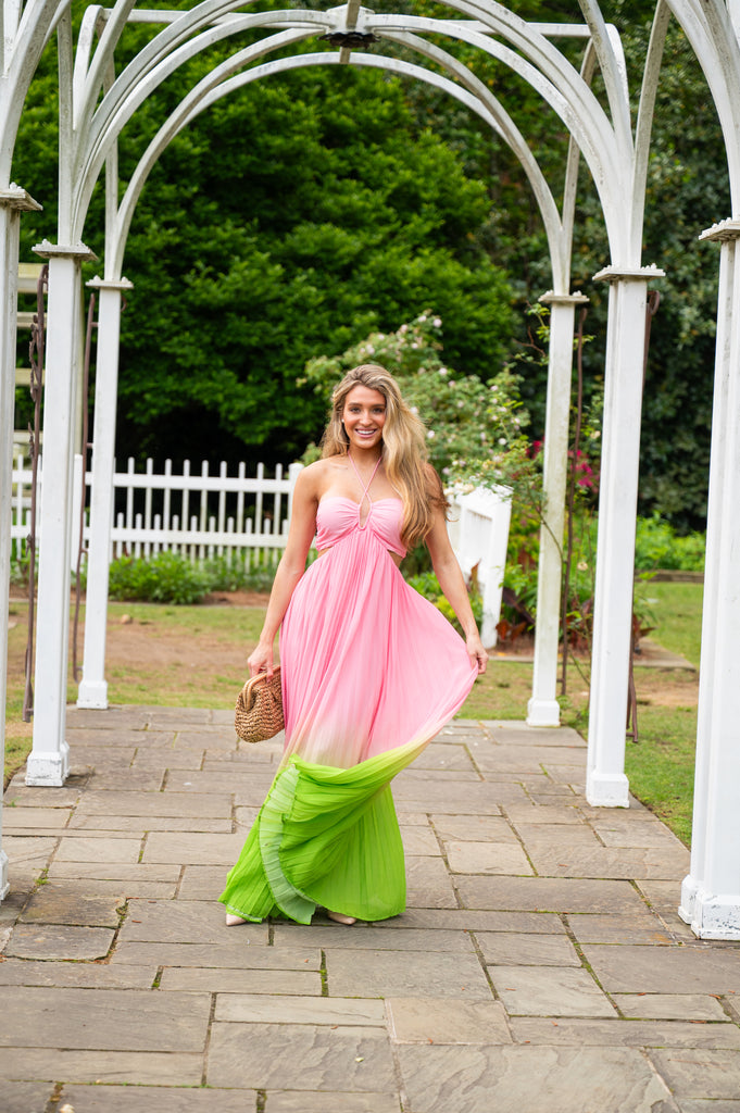 Kylan Halter Pleated Maxi Dress-Pink/Lime