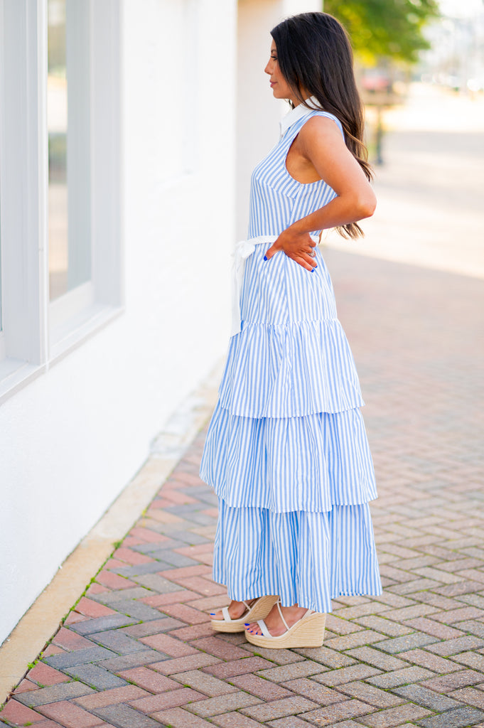 Stripe Ruffle Midi Dress-PREORDER