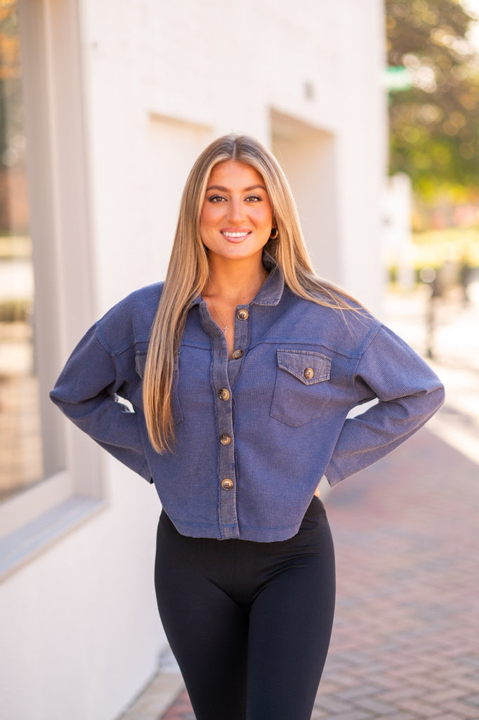 Navy Cropped Button Down Top