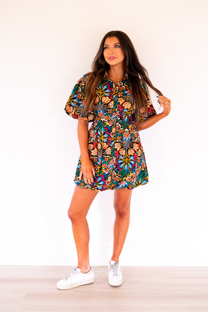 Chaney Puff Sleeve Bubble Dress-Black Multi