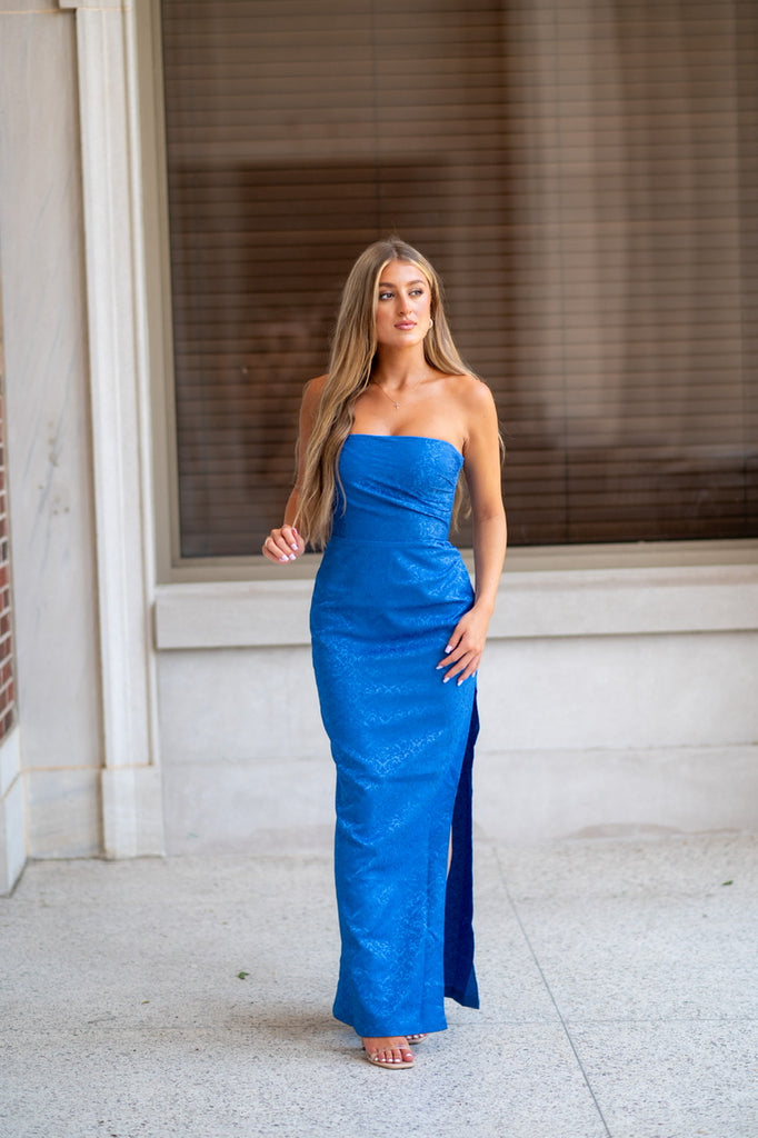 Strapless Jacquard Slit Dress-Blue
