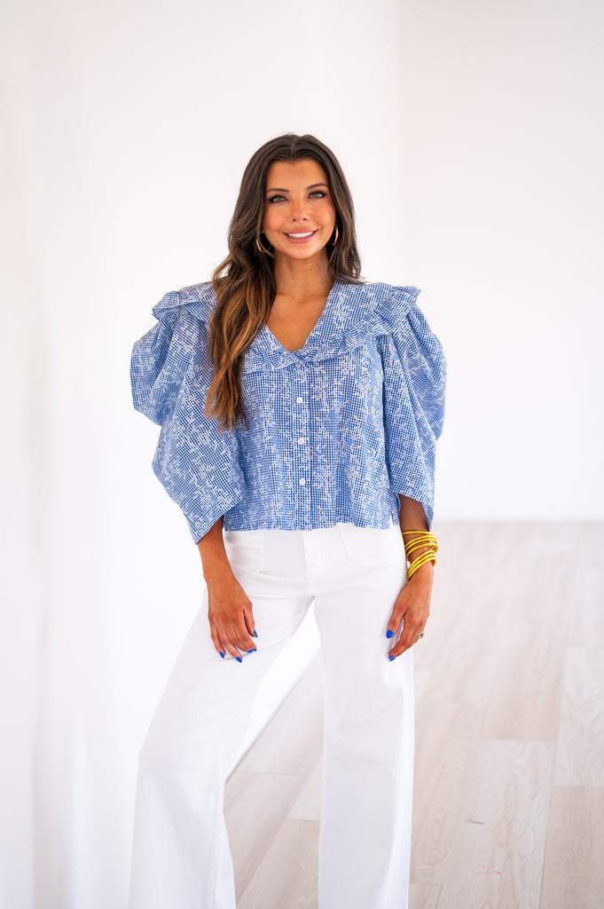 Reed Floral Puff Sleeve Top-Blue