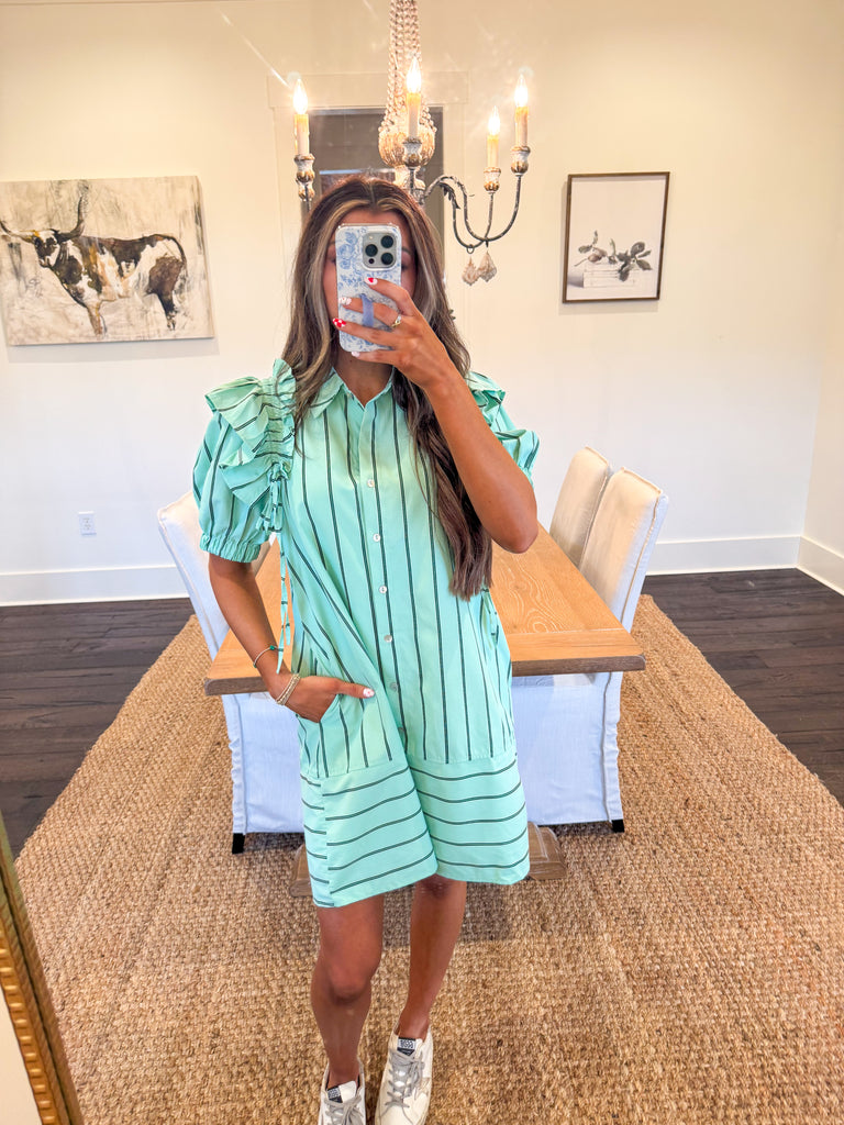 Tucker Puff Sleeve Stripe Dress-Mint | Inside Out Boutique Tucker Puff Sleeve Stripe Dress-Mint | Inside Out Boutique