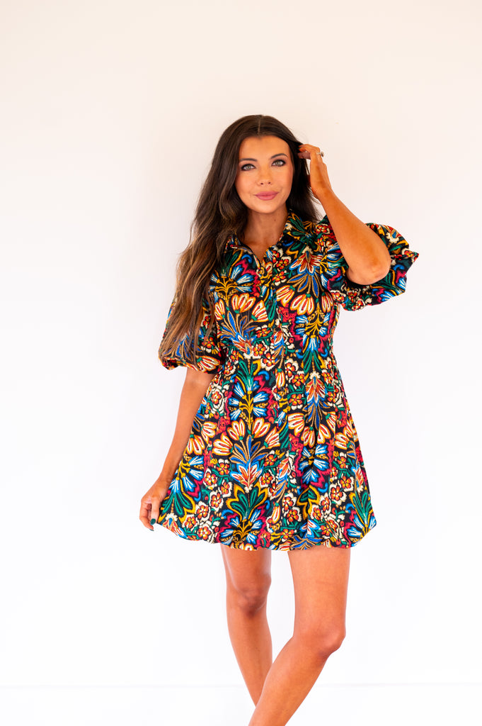 Chaney Puff Sleeve Bubble Dress-Black Multi