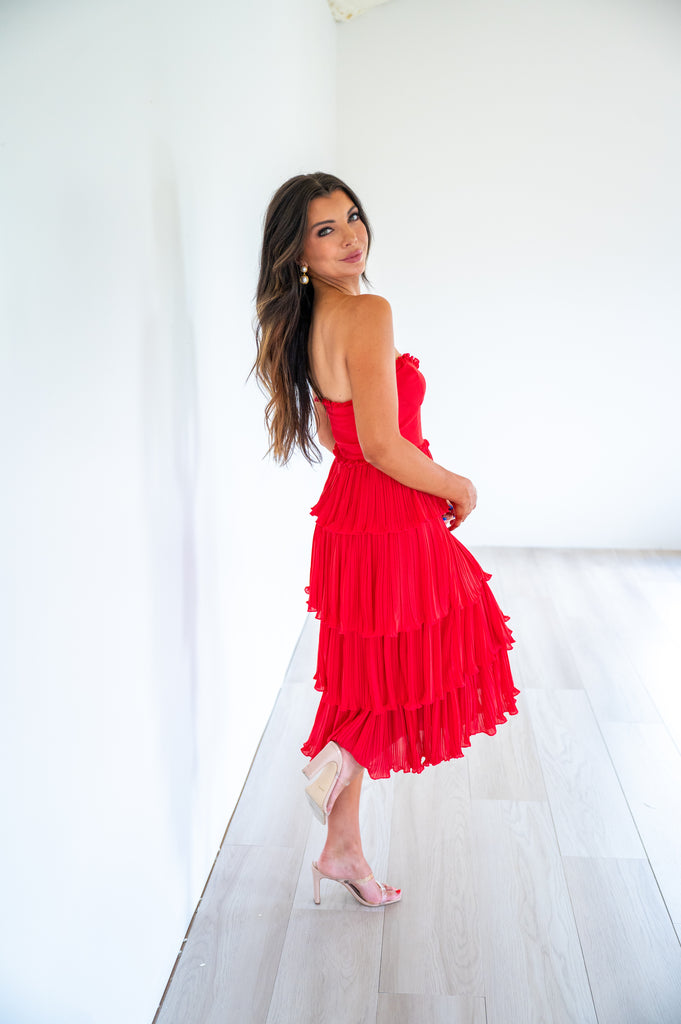 Caselyn Strapless Tiered Midi Dress-Red