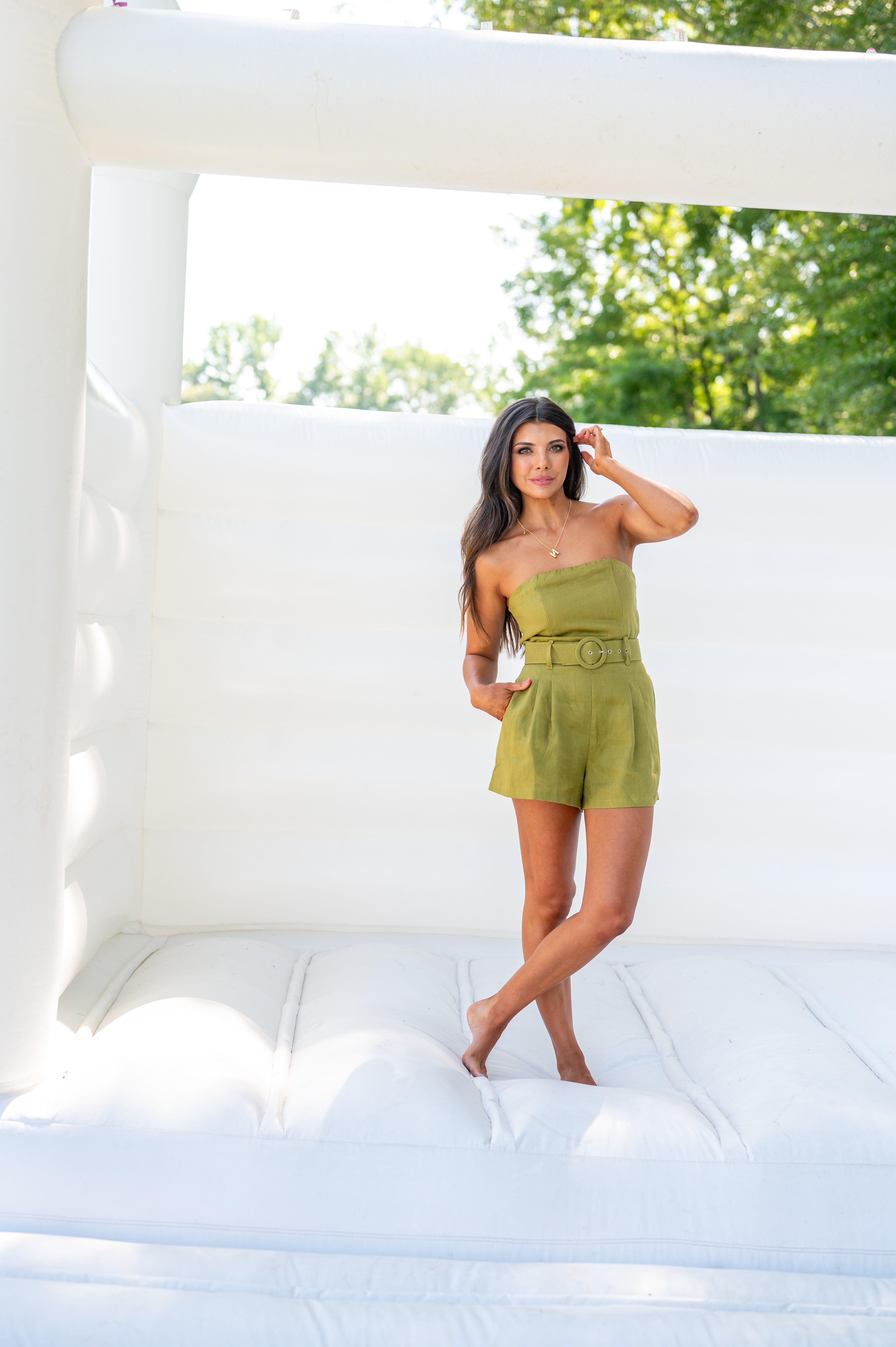 Baker Strapless Linen Romper-Olive Green | Inside Out Boutique Baker Strapless Linen Romper-Olive Green | Inside Out Boutique