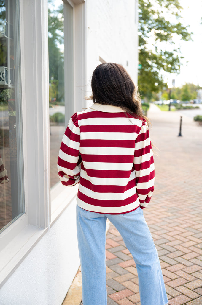 Stripe Polo Long Sleeve Shirt- Burgundy